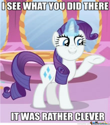 Size: 640x732 | Tagged: safe, edit, edited screencap, screencap, rarity, pony, unicorn, g4, caption, female, glowing, glowing horn, horn, i see what you did there, image macro, impact font, meme, memecenter, solo, text, watermark