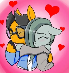 Size: 554x581 | Tagged: safe, artist:a.s.e, marble pie, oc, oc:a.s.e, earth pony, pony, semi-anthro, g4, arm hooves, canon x oc, clothes, couple, female, glasses, happy, heart, hug, love, male, mare, shipping, smiling, stallion, straight