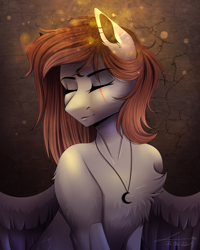 Size: 1784x2228 | Tagged: safe, artist:lunciakkk, oc, oc only, oc:reminati, pegasus, pony, chest fluff, commission, eyes closed, jewelry, necklace, solo, wings