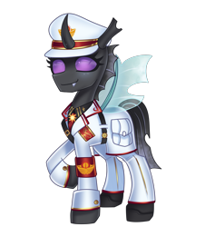 Size: 2880x3040 | Tagged: safe, artist:opal_radiance, oc, oc:alcippe, changeling, insect, equestria at war mod, clothes, female, high res, holeless, military uniform, purple changeling, simple background, solar empire, solo, suit, transparent background, uniform, white
