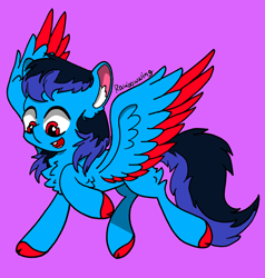 Size: 2448x2576 | Tagged: safe, artist:rainbowwing, oc, oc only, oc:skyjade lee, pegasus, pony, chest fluff, cloven hooves, colored hooves, colored wings, ear fluff, full body, high res, hooves, looking down, needs more saturation, open mouth, open smile, pegasus oc, purple background, raised hoof, signature, simple background, smiling, solo, spread wings, tail, two toned mane, two toned tail, two toned wings, wings