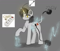 Size: 1999x1718 | Tagged: safe, artist:houl2902, derpibooru exclusive, oc, oc only, object pony, original species, pony, unicorn, :<, ambiguous gender, charging, electricity, electronics, glowing, glowing horn, gray background, horn, looking at you, plug, ponified, power strip, simple background, solo, wingding eyes