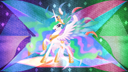 Size: 3840x2160 | Tagged: safe, artist:laszlvfx, artist:negatif22, edit, princess celestia, alicorn, pony, g4, abstract background, colored wings, ethereal mane, female, high res, hoof shoes, jewelry, looking at you, mare, regalia, solo, spread wings, wallpaper, wallpaper edit, wings
