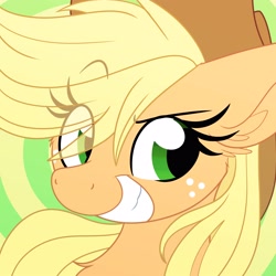 Size: 3000x3000 | Tagged: safe, artist:lbrcloud, applejack, earth pony, pony, g4, abstract background, bust, ear fluff, eye clipping through hair, freckles, grin, high res, icon, looking sideways, portrait, raised eyebrow, smiling, solo