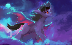 Size: 2560x1600 | Tagged: safe, artist:hierozaki, oc, oc only, oc:scrimmy, bat pony, pony, bat pony oc, bat wings, fangs, male, solo, stallion, wings