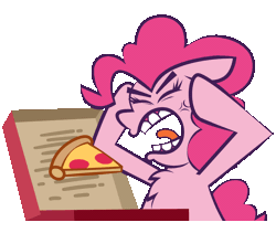 Size: 1200x1013 | Tagged: safe, artist:threetwotwo32232, pinkie pie, earth pony, pony, g4, animated, box, chest fluff, concentrating, female, food, gif, head in hooves, mare, meat, meme, open mouth, pepperoni, pepperoni pizza, pizza, ponified meme, simple background, solo, thick eyebrows, transparent background, vein