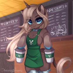 Size: 3000x3000 | Tagged: safe, artist:monstrum, oc, oc only, pony, unicorn, semi-anthro, arm hooves, big eyes, bipedal, cafe, clothes, coffee, coffee cup, commission, cup, dexterous hooves, eye clipping through hair, eyebrows, eyebrows visible through hair, female, high res, horn, leonine tail, looking at you, mare, meme, solo, starbucks, stockings, tail, thigh highs