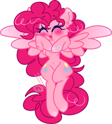 Size: 1773x1960 | Tagged: safe, artist:cutiesparke, pinkie pie, pegasus, semi-anthro, belly button, blushing, both cutie marks, chest fluff, ear fluff, eyes closed, female, flying, hoof heart, hooves to the chest, lightly watermarked, open mouth, pegasus pinkie pie, race swap, shiny hoof, shiny mane, simple background, smiling, solo, spread wings, transparent background, watermark, wings