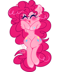 Size: 1773x1960 | Tagged: safe, artist:cutiesparke, pinkie pie, earth pony, semi-anthro, g4, arm hooves, belly button, blushing, both cutie marks, chest fluff, ear fluff, eyes closed, female, floating, flying, hoof heart, hooves to the chest, lightly watermarked, open mouth, shiny hooves, shiny mane, simple background, smiling, solo, transparent background, watermark