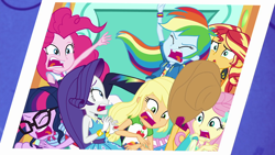 Size: 1920x1080 | Tagged: safe, screencap, applejack, fluttershy, pinkie pie, rainbow dash, rarity, sci-twi, sunset shimmer, twilight sparkle, equestria girls, equestria girls specials, g4, my little pony equestria girls: better together, my little pony equestria girls: rollercoaster of friendship, faic, female, geode of empathy, geode of fauna, geode of shielding, geode of sugar bombs, geode of super speed, geode of super strength, geode of telekinesis, humane five, humane seven, humane six, magical geodes, majestic as fuck, photo booth (song), rarity peplum dress