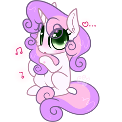 Size: 1506x1506 | Tagged: safe, artist:cutiesparke, sweetie belle, pony, unicorn, g4, blushing, ear fluff, eye clipping through hair, female, filly, foal, heart, lightly watermarked, looking at you, music notes, simple background, sitting, solo, surprised, transparent background, watermark