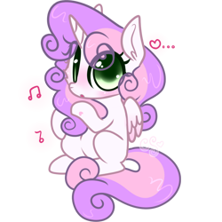 Size: 1506x1506 | Tagged: safe, artist:cutiesparke, sweetie belle, alicorn, pony, g4, alicornified, blushing, ear fluff, eye clipping through hair, female, filly, foal, heart, lightly watermarked, looking at you, music notes, race swap, simple background, sitting, solo, surprised, sweetiecorn, transparent background, watermark