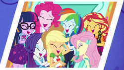 Size: 1920x1080 | Tagged: safe, screencap, applejack, fluttershy, pinkie pie, rainbow dash, rarity, sci-twi, sunset shimmer, twilight sparkle, equestria girls, equestria girls specials, g4, my little pony equestria girls: better together, my little pony equestria girls: rollercoaster of friendship, eyes closed, female, geode of empathy, geode of fauna, geode of shielding, geode of sugar bombs, geode of super speed, geode of super strength, geode of telekinesis, glasses, humane five, humane seven, humane six, laughing, magical geodes, photo, photo booth, photo booth (song), rarity peplum dress, sci-twi skirt