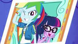 Size: 1920x1080 | Tagged: safe, screencap, rainbow dash, sci-twi, twilight sparkle, equestria girls, equestria girls specials, g4, my little pony equestria girls: better together, my little pony equestria girls: rollercoaster of friendship, duo, female, geode of super speed, geode of telekinesis, magical geodes, one eye closed, photo booth (song), wink