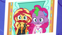 Size: 1920x1080 | Tagged: safe, screencap, pinkie pie, spike, spike the regular dog, sunset shimmer, dog, equestria girls, equestria girls specials, g4, my little pony equestria girls: better together, my little pony equestria girls: rollercoaster of friendship, cute, fake moustache, geode of empathy, geode of sugar bombs, magical geodes, mask, photo booth (song), shimmerbetes