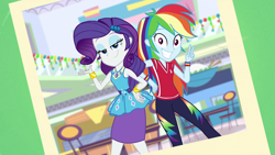 Size: 1920x1080 | Tagged: safe, screencap, rainbow dash, rarity, human, dashing through the mall, equestria girls, equestria girls specials, g4, my little pony equestria girls: better together, my little pony equestria girls: holidays unwrapped, duo, duo female, eyeshadow, female, grin, hand on hip, lidded eyes, looking at you, makeup, photo, rarity peplum dress, smiling, smiling at you