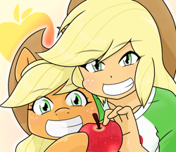Size: 740x640 | Tagged: safe, artist:batipin, part of a set, applejack, earth pony, human, pony, equestria girls, g4, apple, applejack's hat, cowboy hat, cute, duality, duo, eye clipping through hair, eyebrows, eyebrows visible through hair, female, food, freckles, grin, hat, human ponidox, jackabetes, looking at you, self paradox, self ponidox, smiling