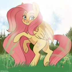 Size: 1536x1536 | Tagged: safe, artist:cottonaime, fluttershy, pegasus, pony, g4, aside glance, backlighting, butt, female, grass, long mane, looking at you, mare, outdoors, partially open wings, plot, rearing, sky, smiling, smiling at you, solo, turned head, wings