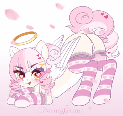 Size: 3180x3000 | Tagged: safe, artist:monstrum, oc, oc:angel wings, angel, pegasus, pony, butt, clothes, cute, eye clipping through hair, face down ass up, halo, heart eyes, high res, looking at you, nimbus, pegasus oc, plot, romantic, socks, solo, stockings, thigh highs