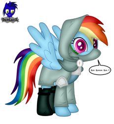 Size: 3840x4154 | Tagged: safe, artist:damlanil, rainbow dash, pegasus, pony, g4, boots, cloak, clothes, comic, female, happy, hood, mare, mask, muffled words, rainbow rogue, shoes, show accurate, simple background, solo, speech bubble, spread wings, standing, text, transparent background, vector, wings