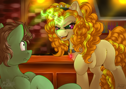 Size: 4093x2894 | Tagged: safe, artist:julunis14, adagio dazzle, oc, oc:protein shake, earth pony, human, pony, unicorn, comic:we will be adored, comic:we will be adored part 16, equestria girls, g4, adagio gonna get ya, alcohol, bar, bottle, collar, commission, dazzling, digital, duo, female, gem, hairpin, intimidating, looking at each other, looking at someone, magic, male, menacing, ponified, siren gem, smiling, smirk, standing
