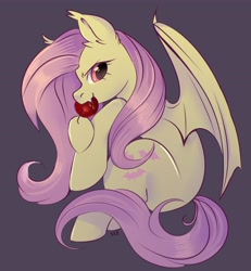 Size: 3400x3680 | Tagged: safe, artist:ske, fluttershy, bat pony, pony, g4, apple, aside glance, bat ponified, bat wings, biting, female, flutterbat, food, high res, looking at you, mare, partially open wings, profile, race swap, red eyes, simple background, sitting, solo, wings