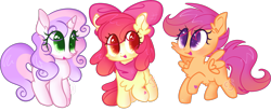 Size: 2127x880 | Tagged: safe, artist:cutiesparke, apple bloom, scootaloo, sweetie belle, earth pony, pegasus, pony, unicorn, g4, accessory, alternate hairstyle, bow, curly hair, cutie mark crusaders, hoof heart, looking at each other, looking at someone, raised hoof, shiny hair, simple background, spread wings, transparent background, trio, wings