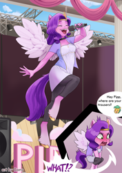 Size: 2480x3508 | Tagged: safe, artist:pwnagespartan, hitch trailblazer, pipp petals, earth pony, pegasus, anthro, unguligrade anthro, g5, adorapipp, blushing, choker, clothes, cute, dress, embarrassed, eyes closed, female, male, microphone, pants, singing, stage, unshorn fetlocks