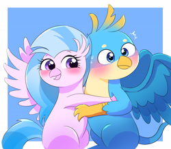 Size: 3252x2839 | Tagged: safe, artist:leo19969525, gallus, silverstream, griffon, hippogriff, g4, blue background, blushing, chibi, cute, diastreamies, duo, female, gallabetes, high res, hug, male, ship:gallstream, shipping, silverstream hugs gallus, simple background, spread wings, straight, wings