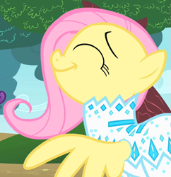 Size: 685x708 | Tagged: safe, screencap, fluttershy, pegasus, pony, g4, green isn't your color, clothes, cropped, eyes closed, female, mare, nudie suit, outdoors, smiling, solo, spread wings, wings