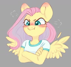 Size: 1154x1079 | Tagged: safe, artist:melodylibris, fluttershy, pegasus, anthro, :t, angry, blushing, bust, clothes, crossed arms, cute, emanata, feather, female, frown, furrowed brow, gray background, madorable, peeved, pouting, shirt, shyabetes, simple background, solo, spread wings, t-shirt, three quarter view, wings