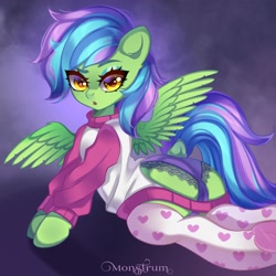Size: 2048x2048 | Tagged: safe, artist:monstrum, oc, oc only, pegasus, pony, big eyes, butt, clothes, cute, dock, high res, hooves, looking at you, panties, plot, sexy, solo, stockings, sultry pose, tail, thigh highs, underwear, wings