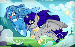 Size: 1200x745 | Tagged: safe, artist:jennieoo, oc, oc:maverick, oc:ocean soul, alicorn, pony, cloud, ending, flying, happy, long hair, male, married couple, show accurate, smiling, soulverick, stallion, story, story included, sun, vector