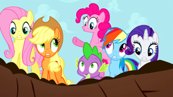 Size: 1920x1080 | Tagged: safe, screencap, applejack, fluttershy, pinkie pie, rainbow dash, rarity, spike, dragon, earth pony, pegasus, pony, unicorn, g4, princess twilight sparkle (episode), season 4, female, male, mare, o mouth, remane five