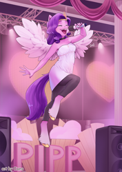 Size: 2480x3508 | Tagged: safe, alternate version, artist:pwnagespartan, pipp petals, pegasus, anthro, unguligrade anthro, g5, adorapipp, adorasexy, breasts, clothes, cute, dress, eyes closed, female, flying, headband, high res, hooves, legs, lips, microphone, nail polish, open mouth, open smile, pants, partially open wings, sexy, singing, smiling, solo, speaker, stage, strapless, wings
