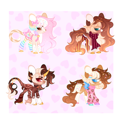 Size: 980x980 | Tagged: safe, artist:llumibases, artist:tookiut, oc, oc only, bat pony, classical unicorn, earth pony, pony, unicorn, adoptable, base used, bow, clothes, cloven hooves, collar, ear piercing, earring, food, hair bow, hooves, horn, jewelry, leonine tail, piercing, scarf, simple background, socks, sprinkles, sweater, tail, tail bow, tail jewelry, unshorn fetlocks