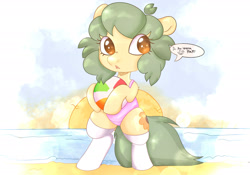 Size: 2388x1668 | Tagged: safe, artist:mushy, oc, oc only, oc:pea, cat, cat pony, original species, pegasus, pony, beach, beach ball, beach day, clothes, female, filly, foal, ocean, socks, solo, thigh highs, water