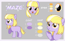 Size: 3144x2000 | Tagged: safe, artist:kego, oc, oc only, oc:maze, earth pony, pony, blushing, commission, female, filly, foal, happy, high res, looking at you, reference sheet, simple background, yellow mane
