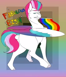 Size: 2380x2788 | Tagged: safe, artist:inisealga, zipp storm, pegasus, pony, g5, abstract background, butt, colored wings, commission, female, folded wings, gay pride flag, high res, mare, multicolored hair, multicolored mane, multicolored tail, multicolored wings, plot, pride, pride flag, tail, wings, ych result