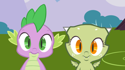 Size: 1366x768 | Tagged: safe, artist:queencold, edit, edited screencap, screencap, spike, oc, oc:jade (queencold), dragon, friendship is magic, g4, season 1, baby, baby dragon, dragon wings, dragoness, fangs, female, horns, male, wings
