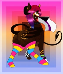 Size: 1755x2048 | Tagged: safe, artist:inisealga, oc, oc only, oc:cherry fuse, pony, succubus, succubus pony, abstract background, bisexual pride flag, butt, clothes, coat markings, commission, demisexual pride flag, facial markings, female, mare, pansexual, plot, pride, pride flag, pride socks, socks, solo, striped socks, succubus oc, your character here