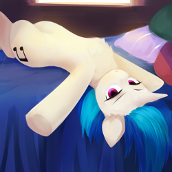 Size: 2000x2000 | Tagged: safe, artist:some_ponu, dj pon-3, vinyl scratch, pony, unicorn, g4, bed, chest fluff, female, high res, lidded eyes, looking at you, lying down, mare, on back, on bed, pillow, solo