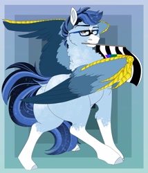 Size: 1749x2048 | Tagged: safe, artist:inisealga, oc, oc only, oc:soaring spirit, pegasus, pony, abstract background, armor, butt, coat markings, colored wings, commission, facial markings, female, glasses, male, multicolored hair, multicolored mane, multicolored tail, multicolored wings, pegasus oc, plot, pride, pride flag, socks (coat markings), solo, stallion, straight, straight ally, straight ally flag, tail, three toned wings, wing armor, wing brace, wings, your character here