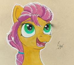 Size: 1736x1519 | Tagged: safe, artist:engi, sunny starscout, earth pony, pony, g5, eyebrows, female, hair tie, happy, looking up, open mouth, simple background, solo, teeth, traditional art, watercolor painting