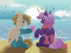 Size: 3043x2250 | Tagged: safe, artist:beardie, oc, oc only, oc:ardent dusk, oc:sand dollar, pegasus, pony, beach, colored wings, duo, freckles, glasses, high res, multicolored wings, ocean, open mouth, open smile, shell, sitting, smiling, water, wings