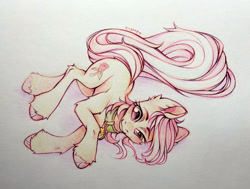Size: 2560x1932 | Tagged: safe, artist:rozmed, roseluck, earth pony, pony, g4, collar, commission, commissioner:doom9454, cute, fluffy, long tail, lying down, on side, pet tag, pony pet, rosepet, slender, solo, tail, thin, traditional art, unshorn fetlocks
