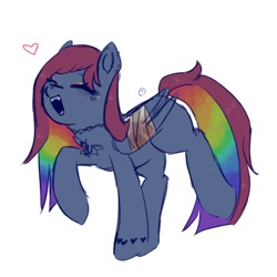 Size: 1280x1280 | Tagged: safe, artist:metaruscarlet, oc, oc only, oc:cupcake splatter, pegasus, pony, bandage, blood, cute, ear piercing, earring, eyebrow piercing, eyes closed, eyeshadow, female, heart, jewelry, magical lesbian spawn, makeup, mare, multicolored hair, nose piercing, nose ring, offspring, open mouth, parent:pinkie pie, parent:rainbow dash, parents:pinkiedash, piercing, rainbow hair, raised hoof, raised leg, simple background, solo, tattoo, white background