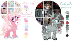 Size: 1280x728 | Tagged: safe, artist:mint-light, artist:vernorexia, oc, bat pony, earth pony, pegasus, pony, adoptable, adoptable open, aesthetics, bandaid, bandaid on nose, base used, blushing, candy, candy necklace, color palette, colored hooves, cracked, duo, fangs, flower, flower in hair, food, for sale, goth, gradient mane, gray coat, gray mane, green eyes, hairclip, jewelry, letter, love letter, moodboard, necklace, pigtails, pink mane, purple eyes, reference sheet, rose, spread wings, sprinkles, thorn, vine, wings