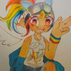 Size: 2048x2048 | Tagged: safe, artist:veryjelly123, rainbow dash, human, g4, clothes, female, goggles, high res, humanized, mare, solo