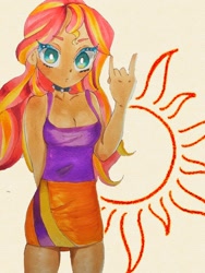 Size: 768x1024 | Tagged: safe, artist:veryjelly123, sunset shimmer, human, equestria girls, g4, breasts, busty sunset shimmer, cleavage, clothes, devil horn (gesture), female, looking at you, simple background, solo